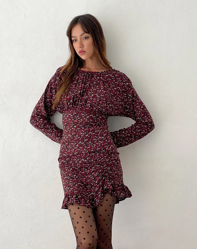 Noble And Elegant Dawsen Long Sleeve Ruched Mini Dress in Dark Rhoslyn Ditsy Print