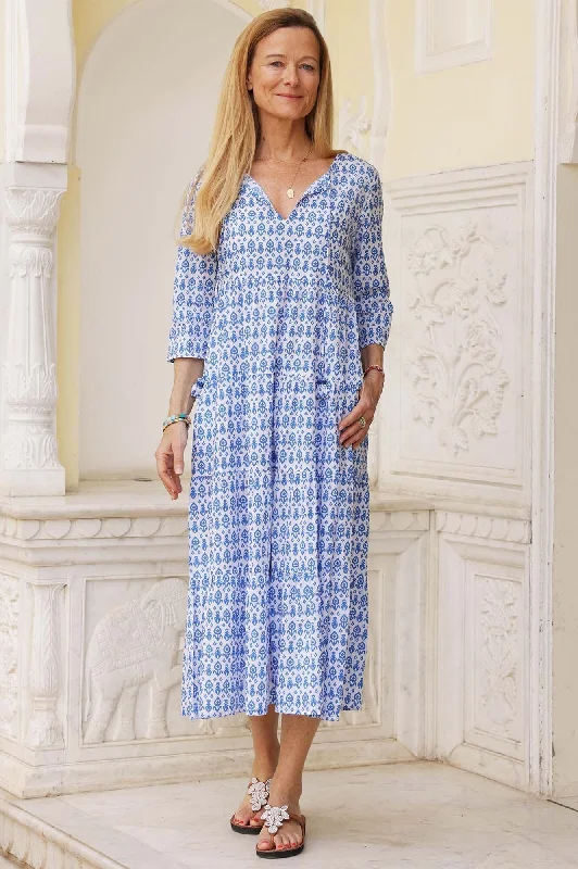 End Of The Year Emma Cotton Dress | Tear Drop Flower White/Blue