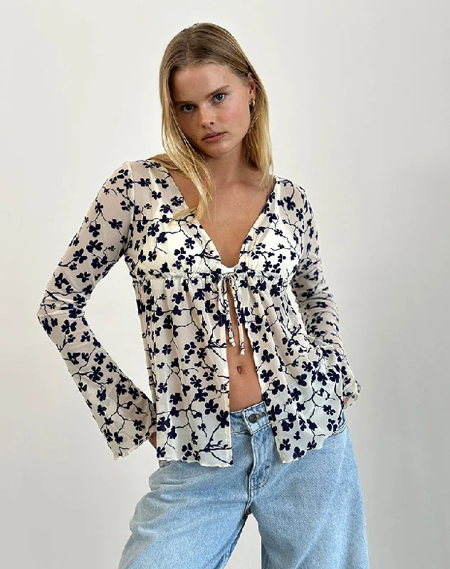 Must-have For Autumn And Winter Gerbera Long Sleeve Top in Grunge Floral Flock Cream
