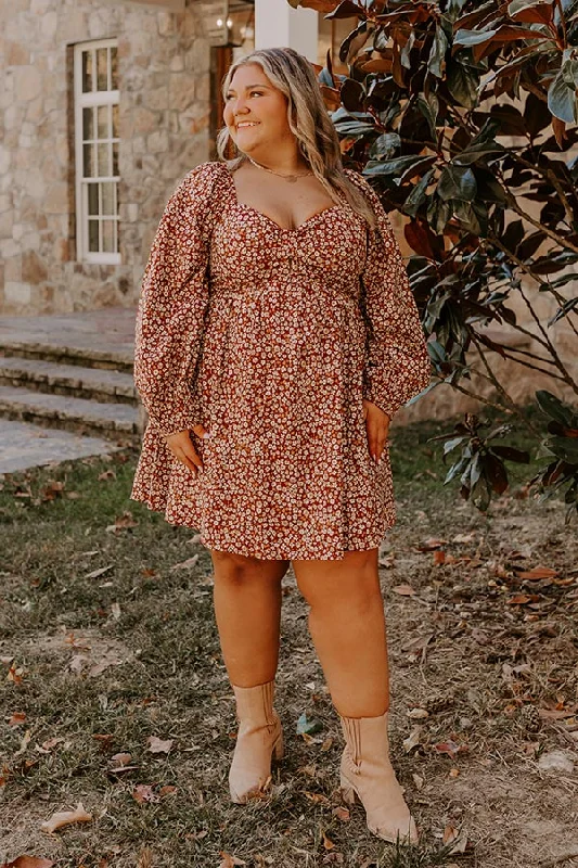 Comfortable Jackets Harvest Cutie Floral Mini Dress in Dark Rust Curves