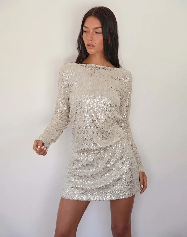 Trendy Comfort Jasilia Long Sleeve Mini Dress in Neutral Sequin