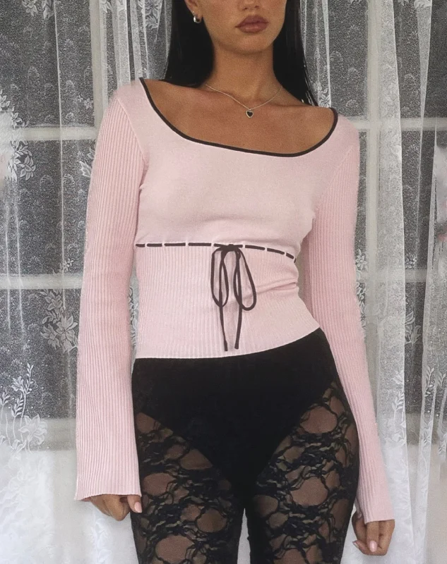 Slim Fit Juhye Knitted Long Sleeve Top in Blush Pink with Black Binding