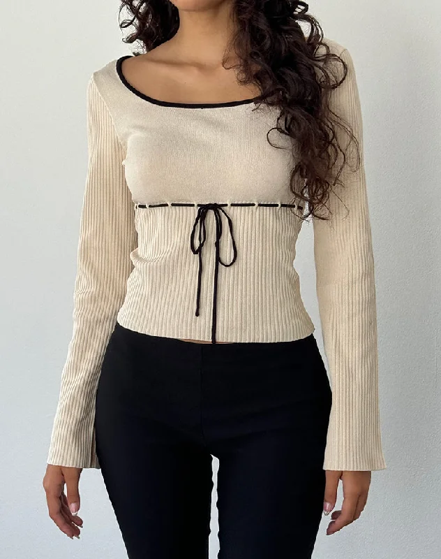 Youthful Juhye Knitted Long Sleeve Top in Beige with Black Binding