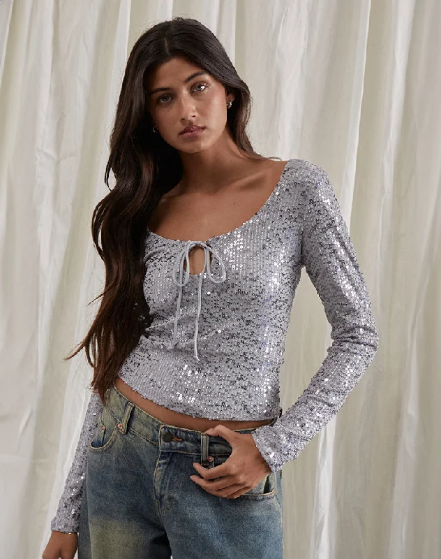 Loose Fit Meraga Tie Front Top in Silver Sequin