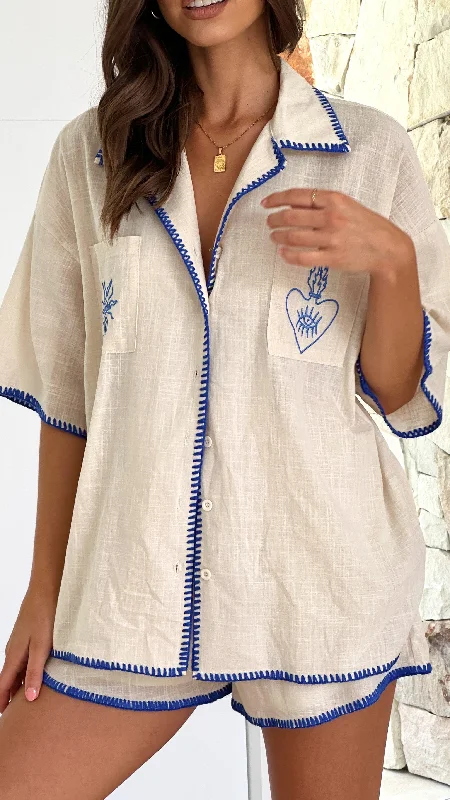 Elegant Comfort Mulani Button Up Shirt and Shorts Set - Beige/Blue