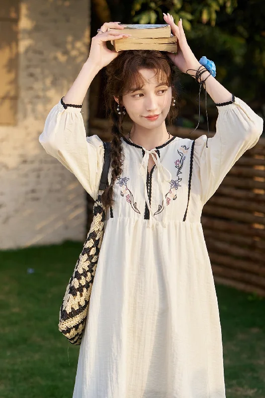 Embroidery Design Solid Midi Dress for Women