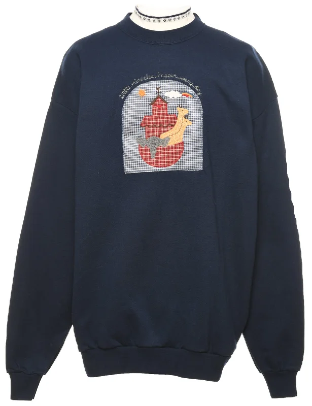 Casual Comfort Wear Navy 1990s Embroidered Sweatshirt - XL