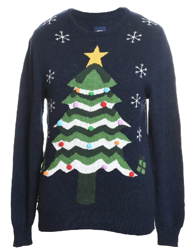 Floral Prints Navy Christmas Tree Design Knit Jumper - S