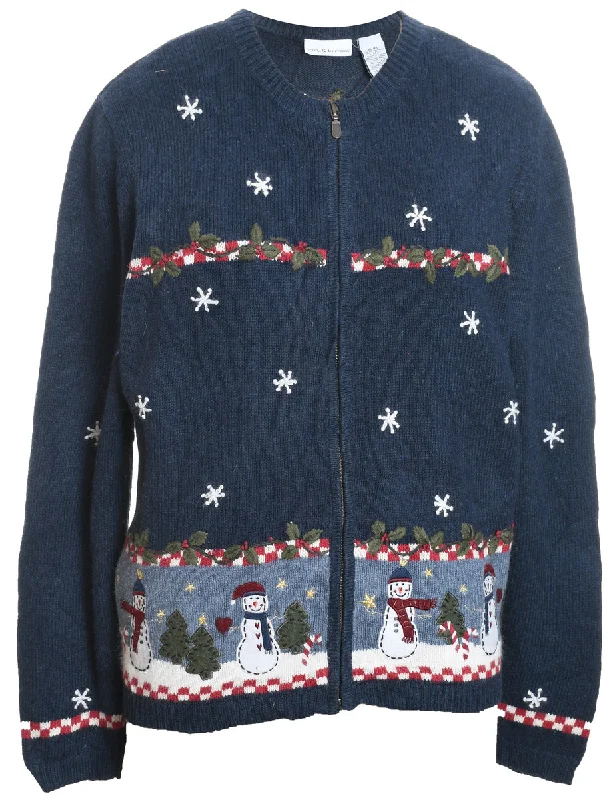 Classic Retro Navy Embroidered Snowman Christmas Cardigan - XL
