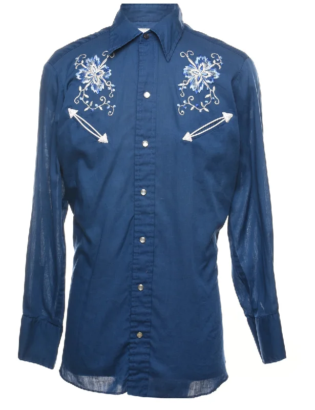 Cozy Fashions Navy & White Embroidered Western Shirt - L