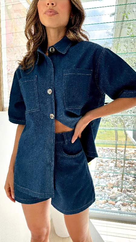 Embroidered Letters Olivia Shirt and Shorts Set - Dark Denim
