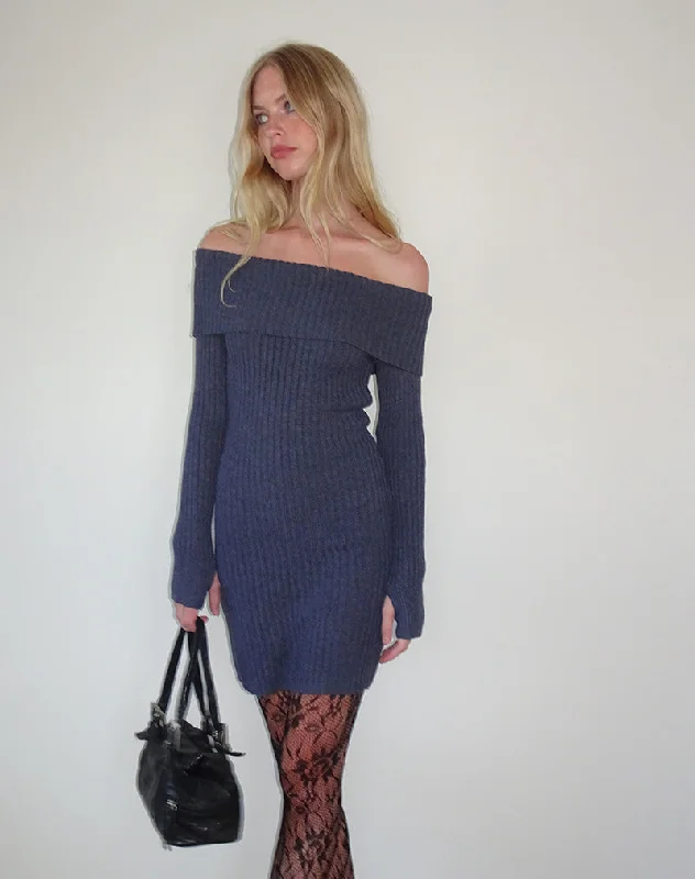 Wandering freely Queeva Knitted Bardot Mini Dress in Dark Charcoal