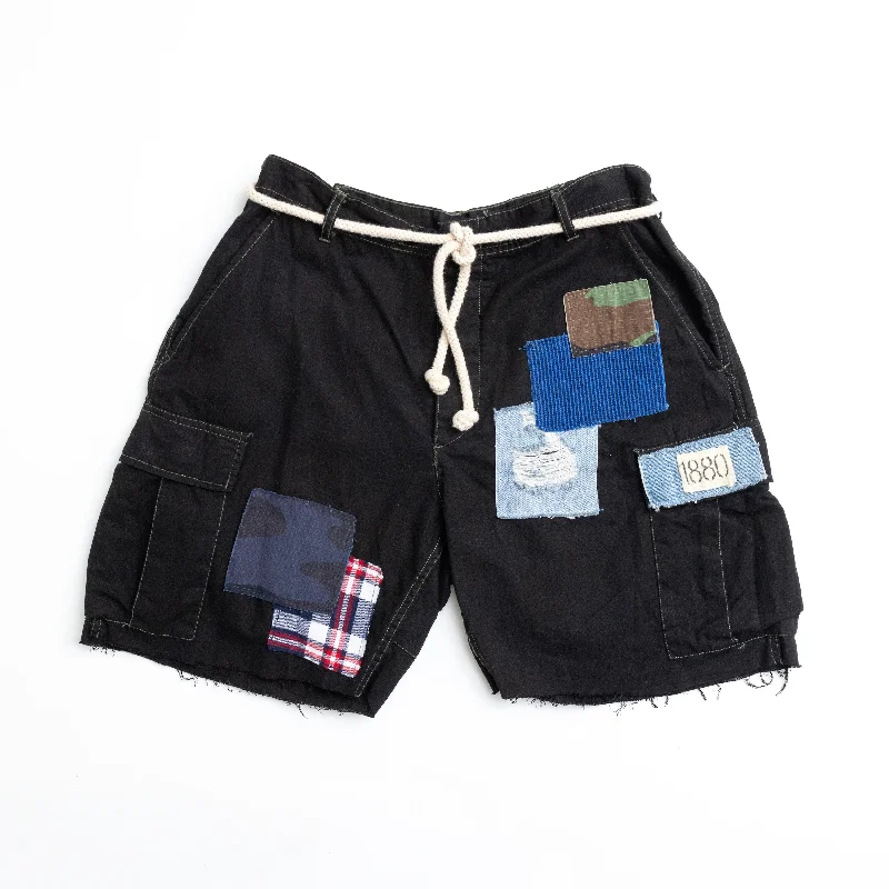 Luxury Style RILEY VINTAGE Black Patched Up Cargo Shorts ships within 2 weeks