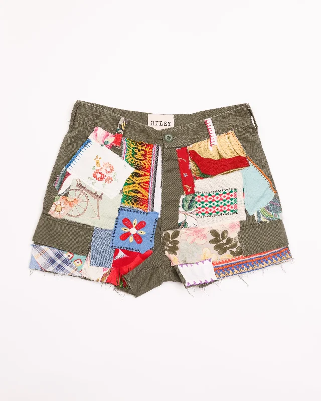 European Plan RILEY VINTAGE OLIVE TOTALLY PATCHED UP SHORTS ships in 2 weeks