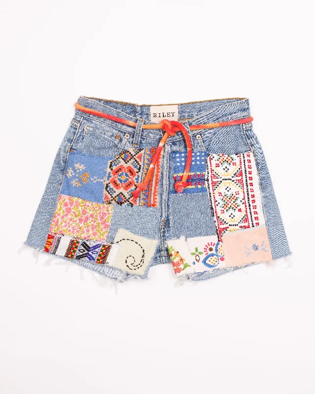 Elegant And Simple RILEY VINTAGE TOTALLY PATCHED UP DENIM CUT OFF SHORTS preorder ships in 2 weeks