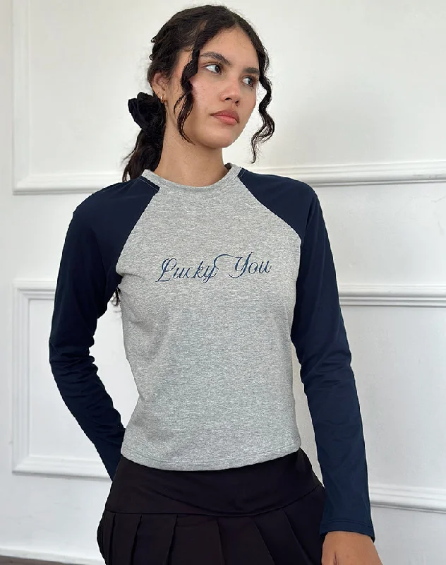 Advanced Customization Sabani Top in Grey Marl Navy with Lucky You Print