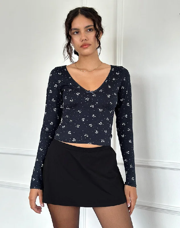 Knitted Design Salisa Top in Navy with Mini Bow Design