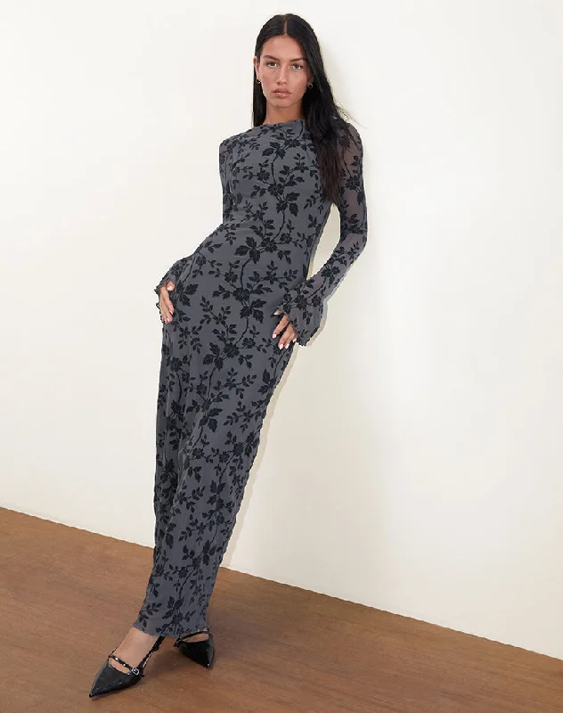 Cozy Fitting Slokya Long Sleeve Maxi Dress in Vine Floral Flock Ocean Storm