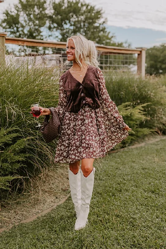 Comfortable Fashion Uptown Cafe Floral Mini Dress in Chestnut