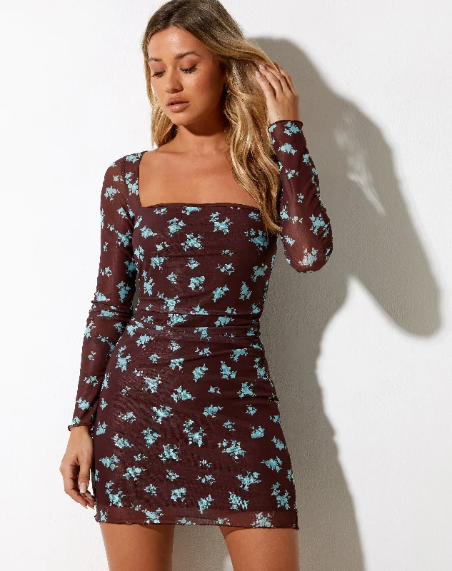French Style Wilem Mini Dress Femme Floral Blue and Brown