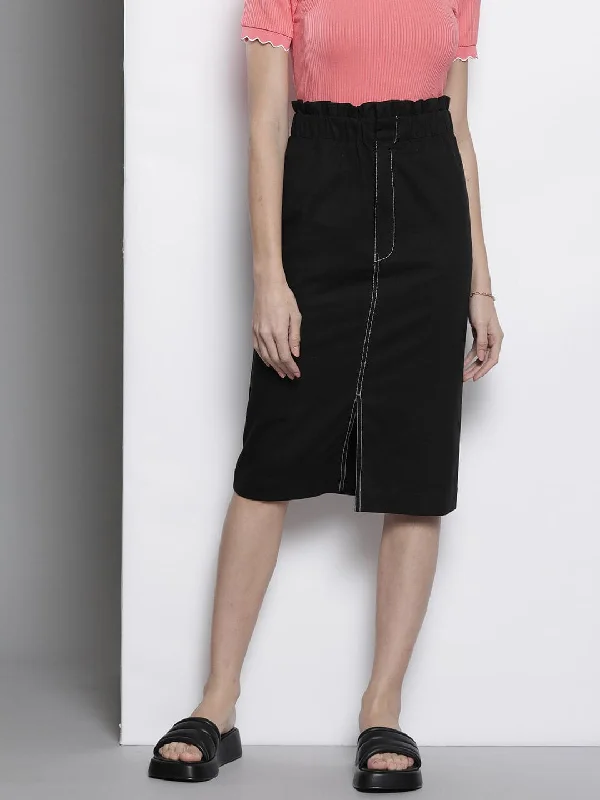 Modern Tailoring Women Black Contrast Stitch Twill Pencil Skirt