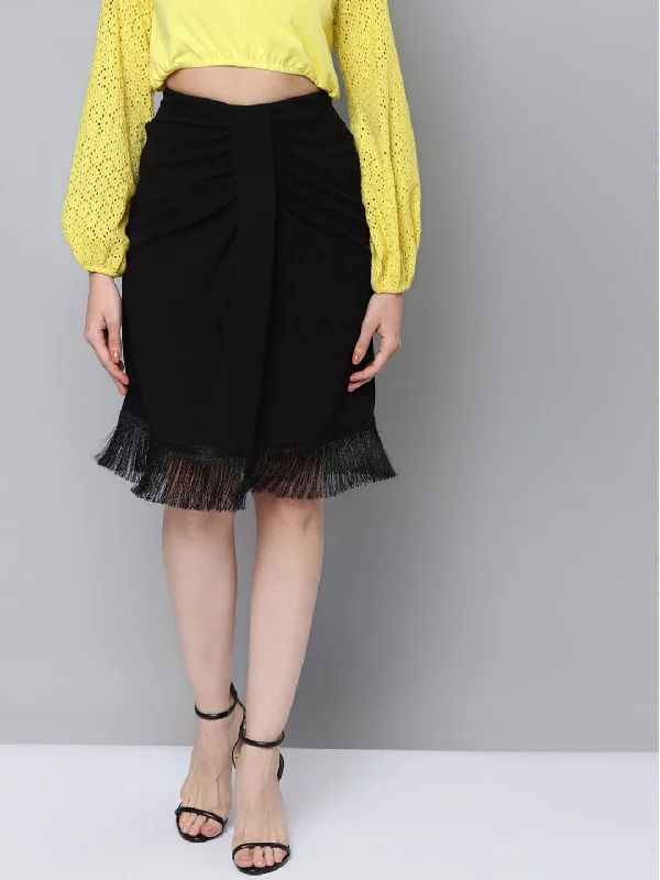 Youthful Vitality Women Black Fringe Lace Skirt