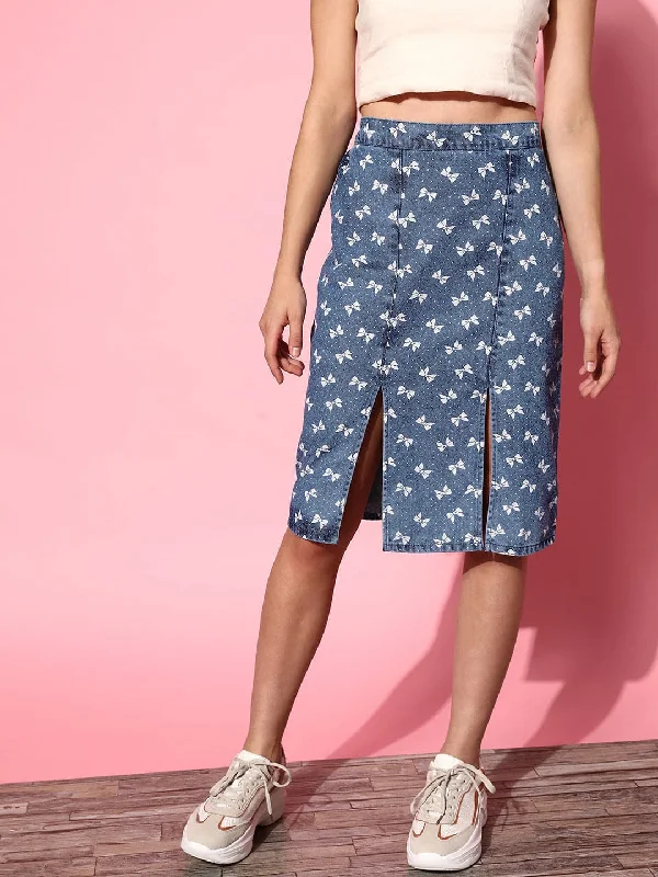 Fashionable And Versatile Women Blue Bow Print Pencil Midi Skirt