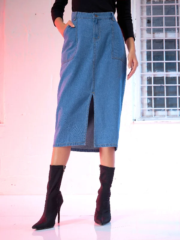Personal Design Women Blue Denim Front Slit Skirt