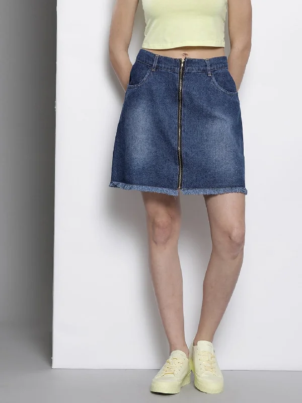 Trendy And Casual Women Blue Denim Front Zipper Mini Skirt