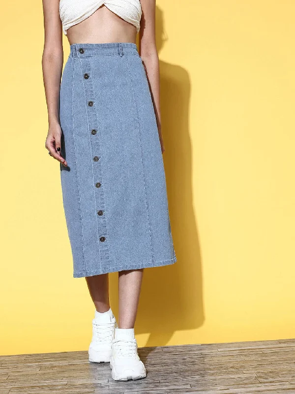 Short Design Women Blue Front Button Midi Denim Skirt