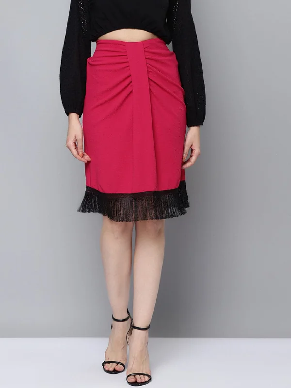 Perfect Tailoring Women Fuchsia Fringe Lace Skirt