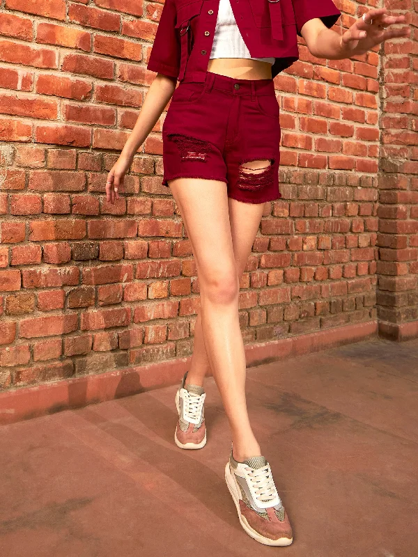 Easy Comfort Style Women Maroon Denim Heavy Distress Shorts