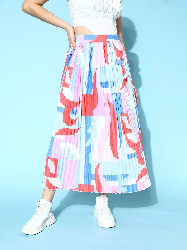 Personalized Wear Women Multicolour Pink Abstract Print Pleated Skirt