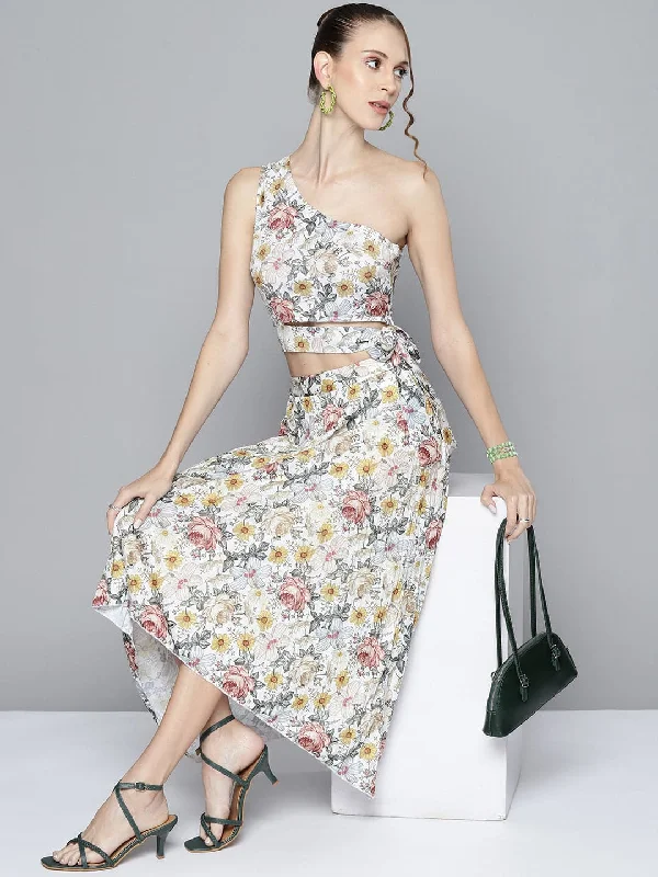 Fashion Classic Women Off White Floral Asymmetric Pleated Skirt