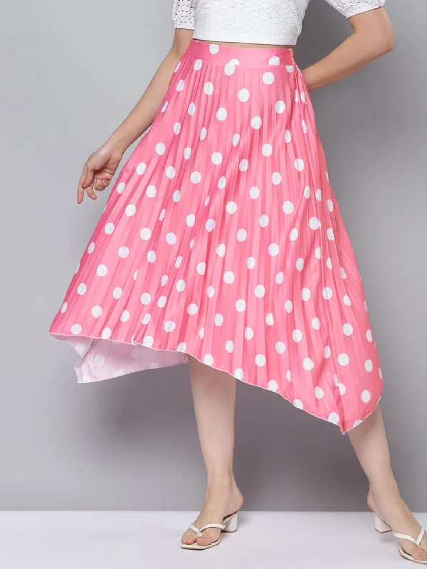 Basic Version Women Pink With White Polka Dot Asymmetric Pleated Skirt