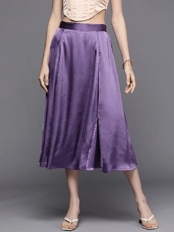 Exquisite Fabrics Women Purple Satin Front Slit Flared Midi Skirt