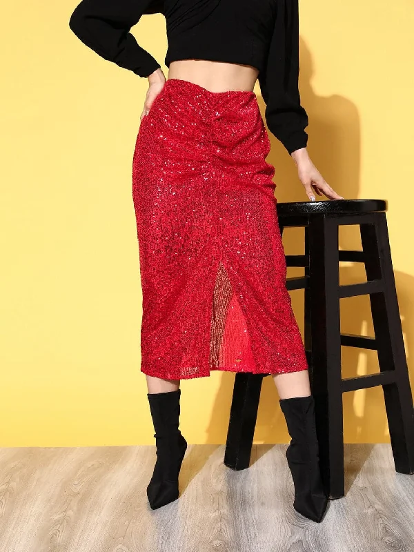 Fashion Elements Women Red Sequin Midi Pencil Skirt