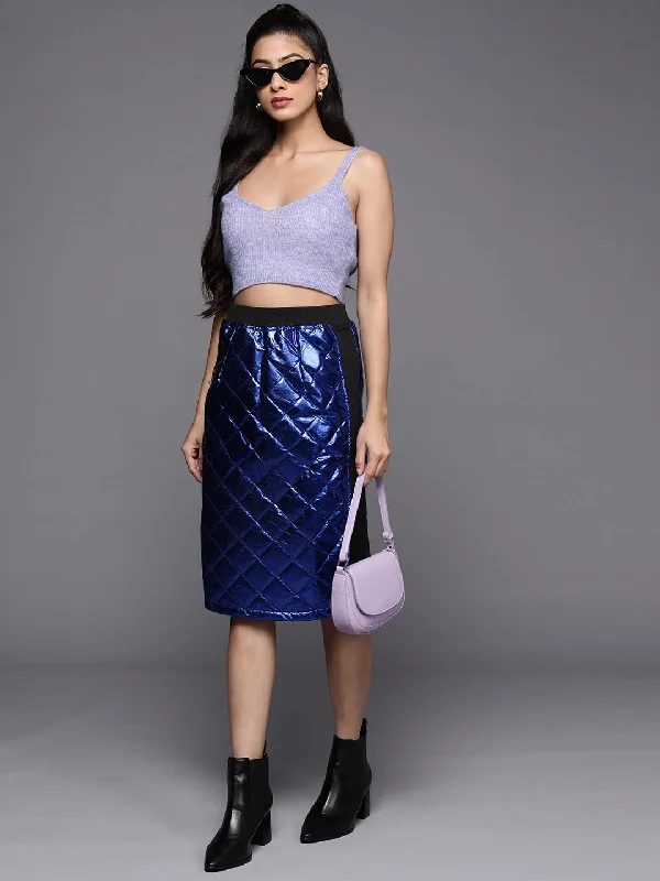 Elegant Style Women Royal Blue Mettalic Pencil Skirt