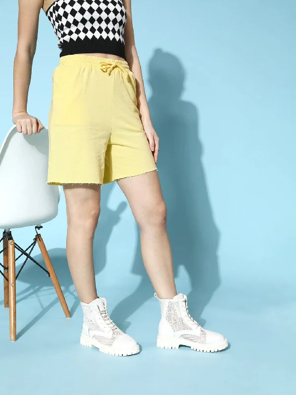 High-end Design Women Yellow Terry Raw Hem Baseball Shorts
